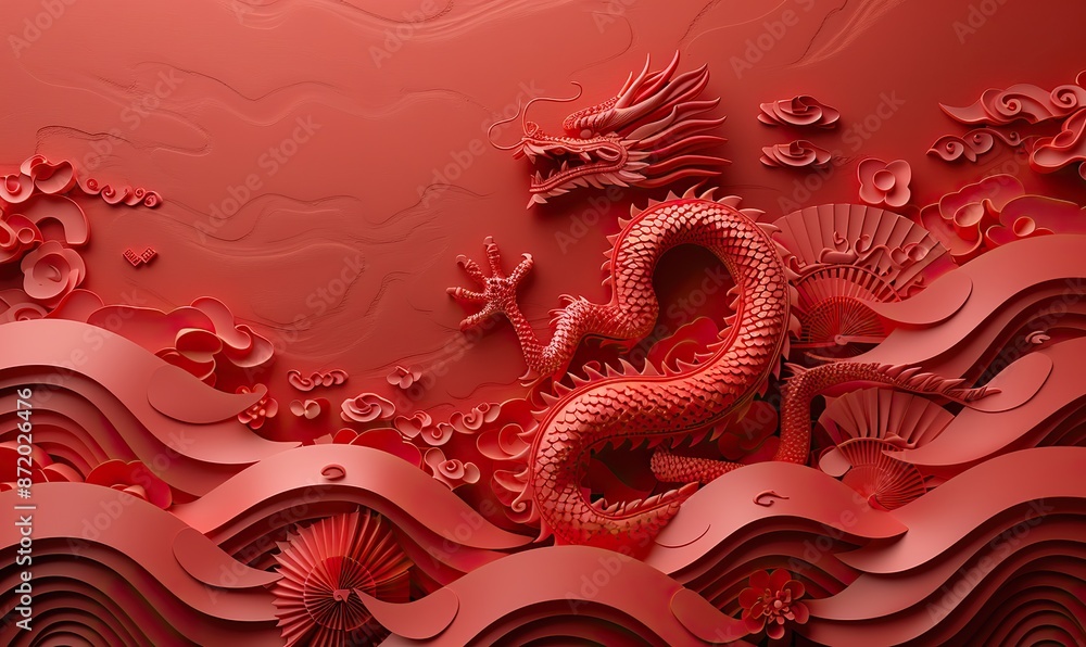 happy chinese new year banner template red paper fans, dragon on red background traditional holiday lunar new year happy new year of the dragon.stock image happy chinese new year banner template red paper fans, dragon on red background traditional holiday lunar new year happy new year of the dragon.stock image