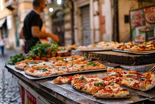 Fototapeta Naklejka Na Ścianę i Meble -  Freshly baked pizza slices on a street food cart in italy