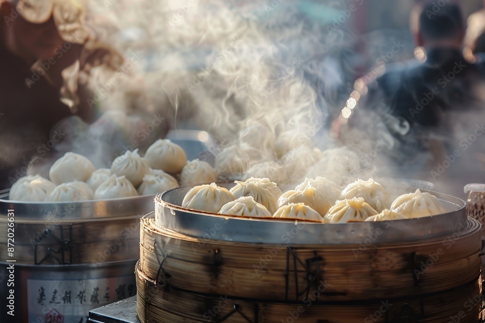 Steaming freshly cooked bao buns in a chinese food market Steaming freshly cooked bao buns in a chinese food market