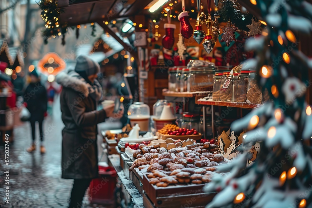 Woman shopping for treats at a christmas market stall in snowy city Woman shopping for treats at a christmas market stall in snowy city