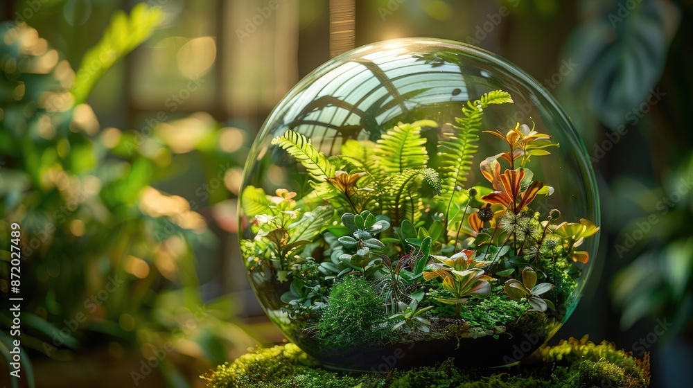 A vibrant terrarium enclosed in a glass sphere, showcasing a variety of lush green plants and ferns, bathed in natural sunlight within a serene indoor garden setting A vibrant terrarium enclosed in a glass sphere, showcasing a variety of lush green plants and ferns, bathed in natural sunlight within a serene indoor garden setting
