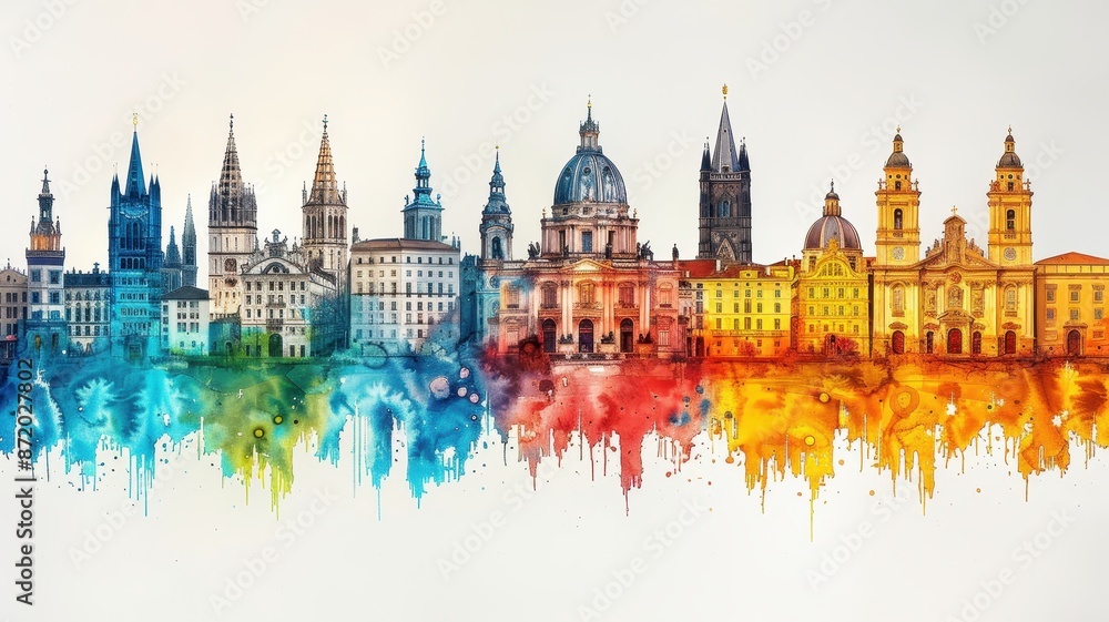 Obraz premium Colorful cityscape skyline with various buildings and a watercolor effect.