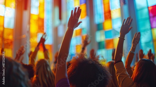 Harmony of Faith: Diverse Congregation in Church with Raised Hands - Concept of Unity and Spiritual Connection © EEKONG