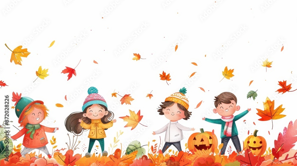 Fototapeta premium Illustration of children playing with autumn leaves and pumpkins, celebrating the fall season with joy and laughter.