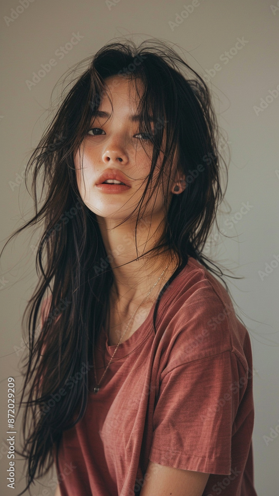 A captivating portrait of a young Asian woman with tousled dark hair wearing a pink t-shirt, embodying natural beauty and contemporary style. A captivating portrait of a young Asian woman with tousled dark hair wearing a pink t-shirt, embodying natural beauty and contemporary style.