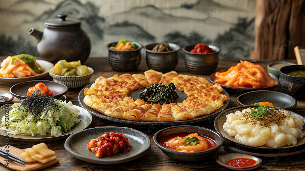 A cozy dining table set with an assortment of delicious Korean pancakes (buchimgae). The table is adorned with various types of buchimgae, including kimchi, seafood, and vegetable versions, A cozy dining table set with an assortment of delicious Korean pancakes (buchimgae). The table is adorned with various types of buchimgae, including kimchi, seafood, and vegetable versions,