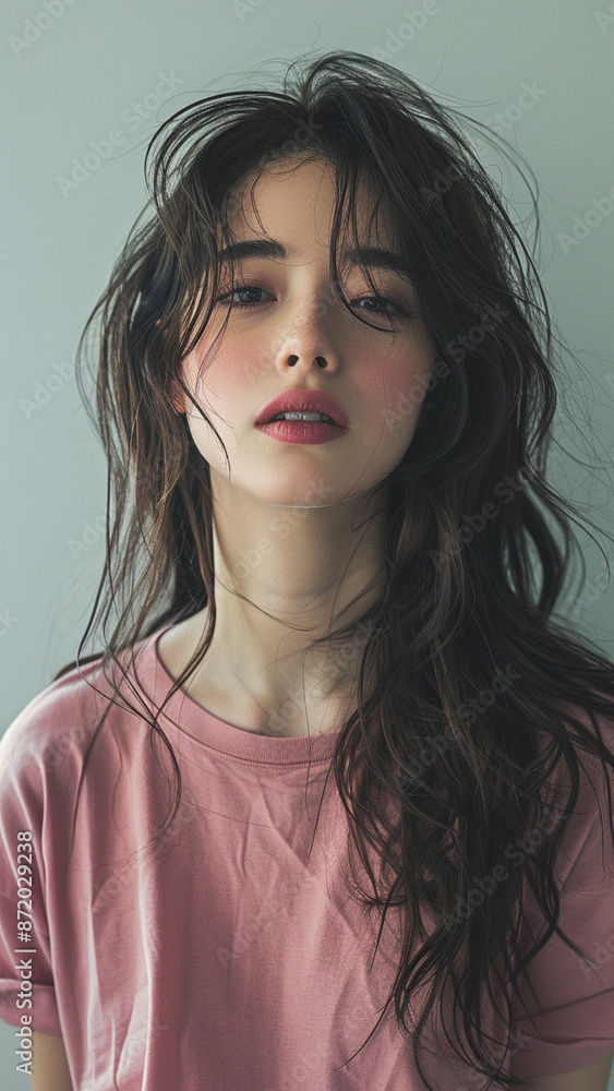 A captivating portrait of a young Asian woman with tousled dark hair wearing a pink t-shirt, embodying natural beauty and contemporary style. A captivating portrait of a young Asian woman with tousled dark hair wearing a pink t-shirt, embodying natural beauty and contemporary style.