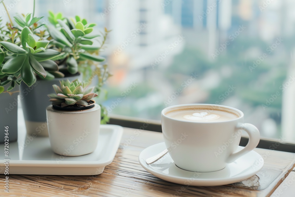 A cup of coffee on a table with potted succulents, overlooking a cityscape through a window. Perfect for relaxation and inspiration. A cup of coffee on a table with potted succulents, overlooking a cityscape through a window. Perfect for relaxation and inspiration.
