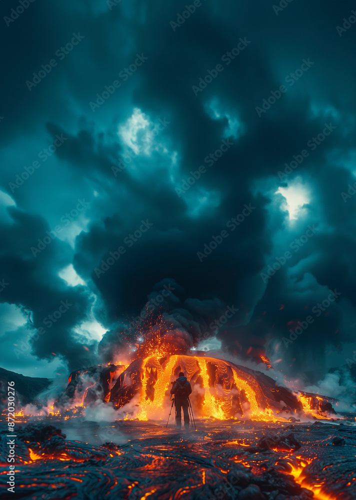 A photographer standing dangerously close to an active volcano, with flames catching on his feet and tripod due to the intense heat from the molten lava A photographer standing dangerously close to an active volcano, with flames catching on his feet and tripod due to the intense heat from the molten lava