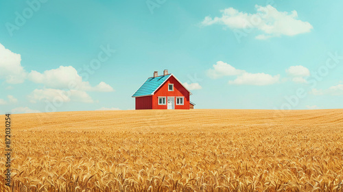 Red farm house in the wheat field.