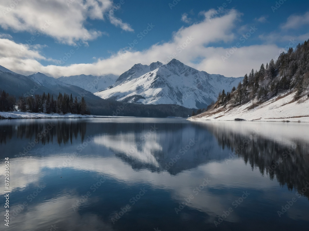 Tranquil winter scene, Snowy mountains, lake, and cloudy backdrop. Tranquil winter scene, Snowy mountains, lake, and cloudy backdrop.