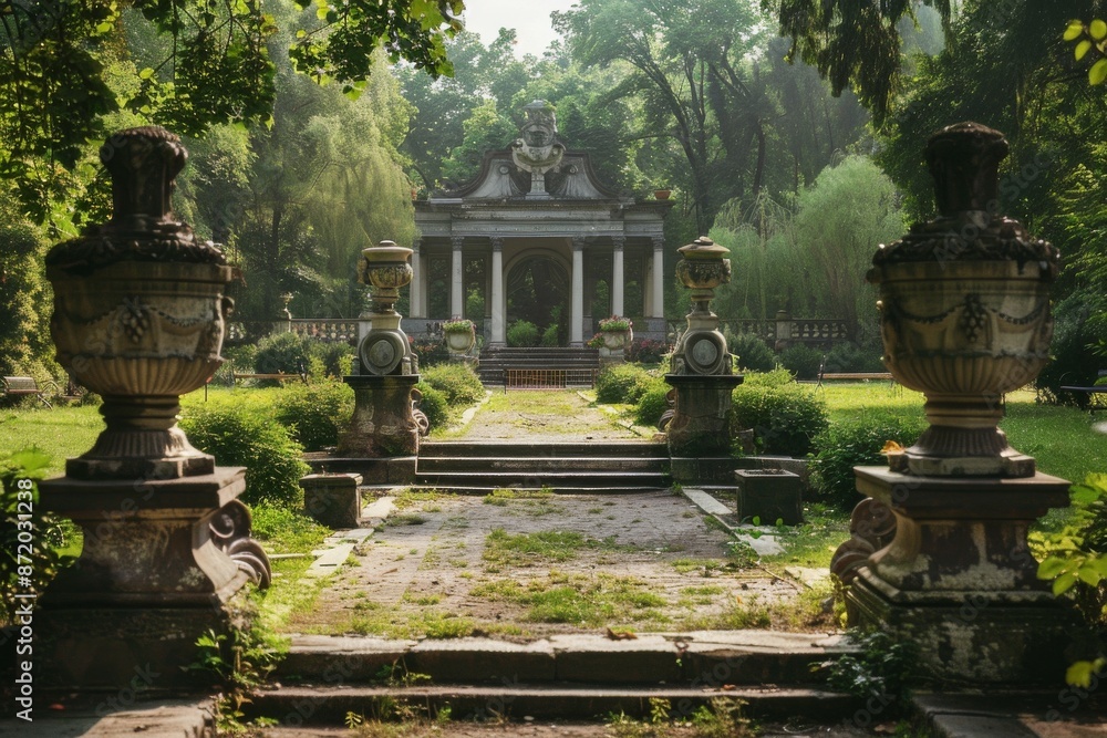 A serene park with a mix of different architectural styles and sculptures from around the world. A serene park with a mix of different architectural styles and sculptures from around the world.