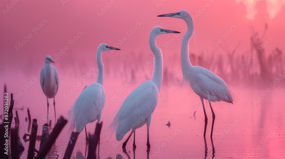 Naklejka premium Group of white egrets stand on the sunset. 