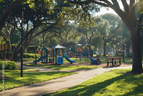 A vibrant park scene with happy children playing on the swings and slides, while families relax and enjoy quality time together. The atmosphere is filled with laughter and joy.