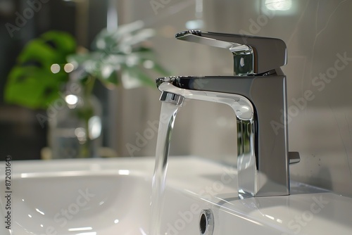 Modern faucet and water flow. Stylish white sink, faucets in a light interior. Chrome steel tap. Domestic Appliances. Gray clean bright bathroom. Household equipment. New water Tap. Contemporary style