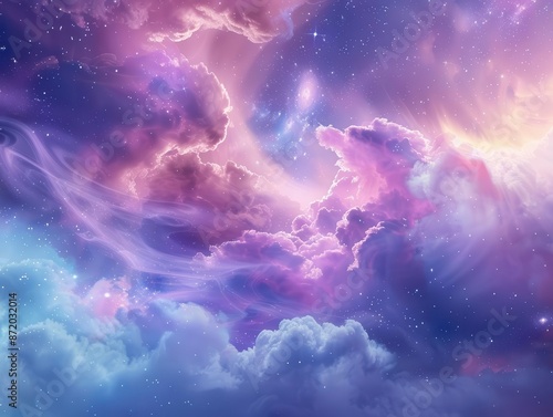 celestial dreamscape with swirling pink and purple nebula clouds twinkling stars and shimmering stardust ethereal cosmic background perfect for fantastical or futuristic themes