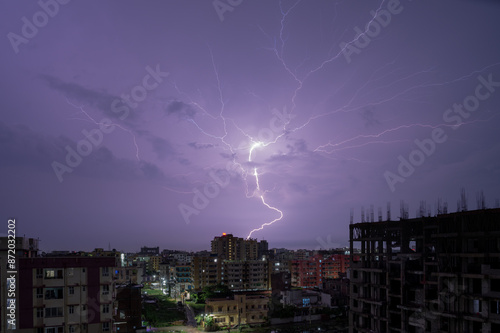 Storm, lightning over city in monsoon in Night, Danapur, Patna, Bihar, India