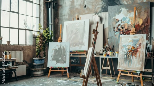 Fototapeta Naklejka Na Ścianę i Meble -  Stylish artist's studio interior with easels and canvases. Creative hobby. 