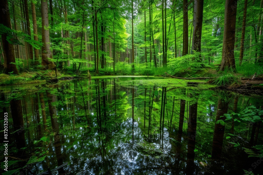 A tranquil scene of a forest surrounding a calm pond, with the lush greenery mirrored perfectly in the water's surface. The atmosphere is peaceful and inviting. A tranquil scene of a forest surrounding a calm pond, with the lush greenery mirrored perfectly in the water's surface. The atmosphere is peaceful and inviting.