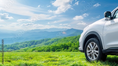 A SUV is parked on a mountain road with a scenic view of rolling hills and a clear blue sky © lililia