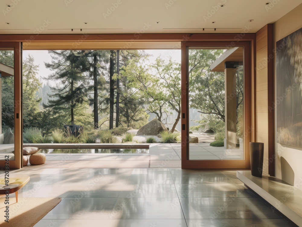 Obraz premium contemporary minimalist entryway sleek glass sliding doors framing lush outdoor view clean lines neutral tones abundant natural light