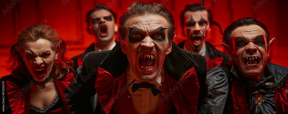Obraz premium Group of vampires in dramatic red lighting, eerie expressions, and detailed costumes, perfect for Halloween and horror themes.