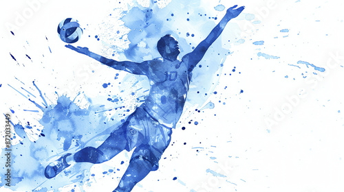 Blue Ink Painting of Volleyball Player Silhouette serving the ball: Light Blue Watercolor Style with Splash Effects.