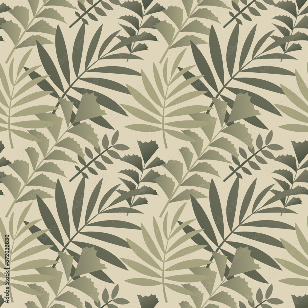 Fototapeta premium Exotic green leaves seamless pattern design. Elegant summer background with tropical plants. Simple floral repeating vector print.