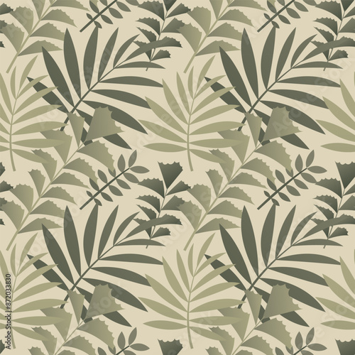 Exotic green leaves seamless pattern design. Elegant summer background with tropical plants. Simple floral repeating vector print.
