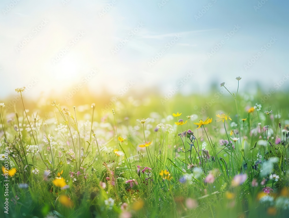 Fototapeta premium dreamy spring meadow with soft focus wildflowers in foreground hazy sunlight creates a golden glow transitioning from lush grass to clear blue sky