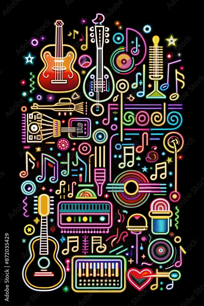 Vibrant Neon Music Elements Collage, Ideal for Posters, Apparel, and Music Festival Promotions Vibrant Neon Music Elements Collage, Ideal for Posters, Apparel, and Music Festival Promotions