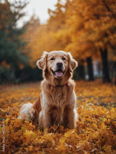 Vibrant autumn background with a happy golden retriever dog.