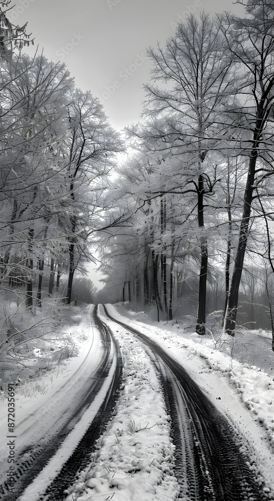 Obraz premium Professional monochrome photo of row of trees and road in the snow in winter. Graphic black and white poster depicting a wild winter landscape. A photo shoot for interior painting.