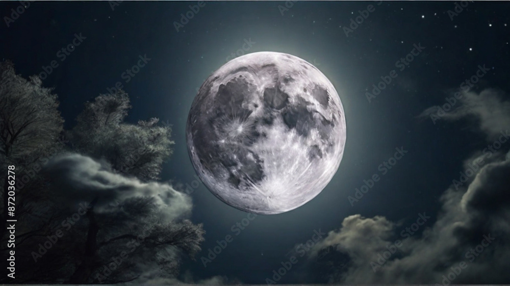 Majestic full moon on the dark blue sky creating a magical and ethereal atmosphere. Majestic full moon on the dark blue sky creating a magical and ethereal atmosphere.