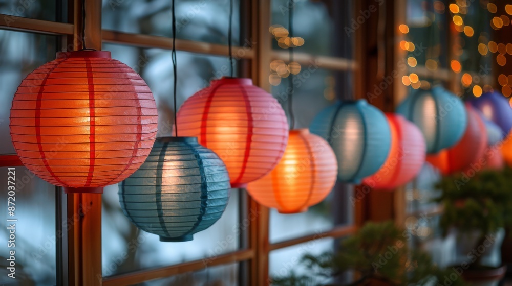 Hang a cluster of festive paper lanterns in varying sizes and colors from the ceiling to create a playful and Hang a cluster of festive paper lanterns in varying sizes and colors from the ceiling to create a playful and