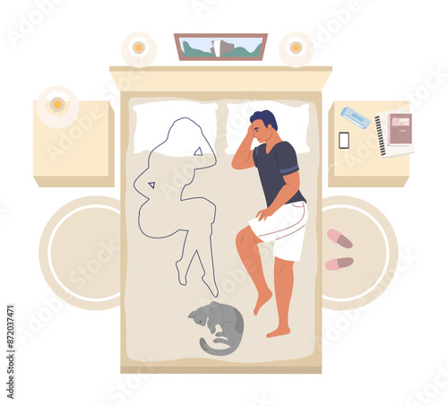 Sad man suffering feeling grief lying on bed looking at ex-wife silhouette vector illustration. Family couple tragedy and divorce concept