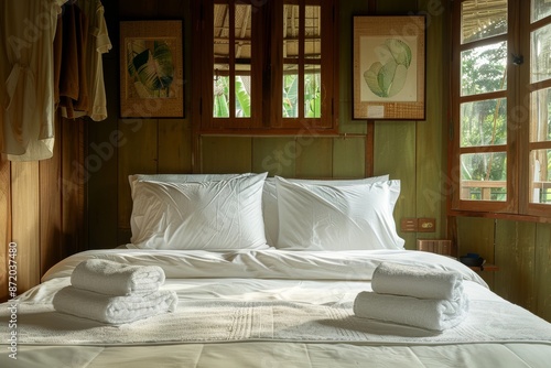 White pillows on the bed in a cozy bedroom. © Iigo