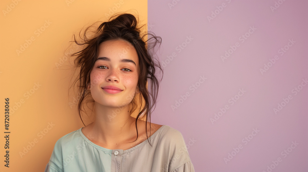 Smiling Woman with Messy Bun Against Pastel Dual-Tone Background Smiling Woman with Messy Bun Against Pastel Dual-Tone Background