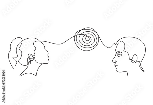 Couple problems. Couple therapy. Relationship and marriage problems.continuous one line drawing. Vector illustration