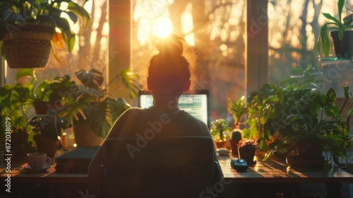 Wallpaper Mural Cozy Home Office at Sunset: Woman Working on Laptop Surrounded by Indoor Plants and Warm Sunlight Torontodigital.ca