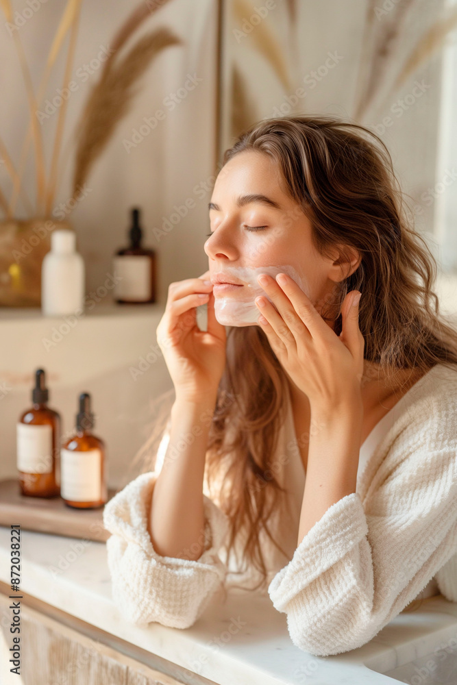 Woman applying skincare cream to her face in a cozy bathroom setting, focusing on self-care and beauty routine Woman applying skincare cream to her face in a cozy bathroom setting, focusing on self-care and beauty routine