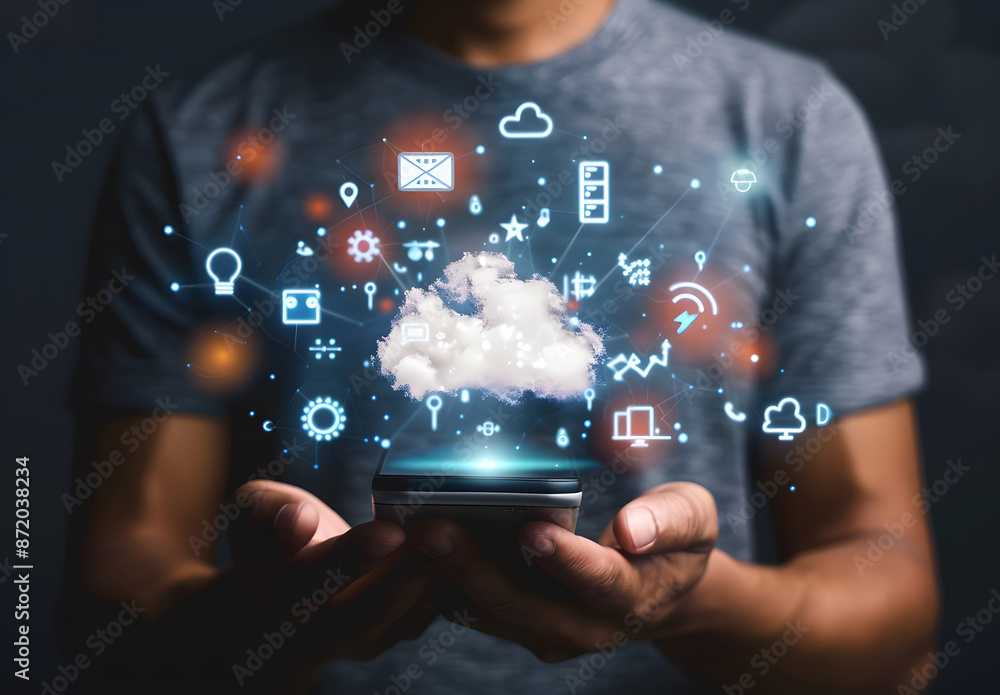 Cloud computing concept. Man connects smartphone to cloud. information technology with virtual cloud computing icon design Cloud computing concept. Man connects smartphone to cloud. information technology with virtual cloud computing icon design