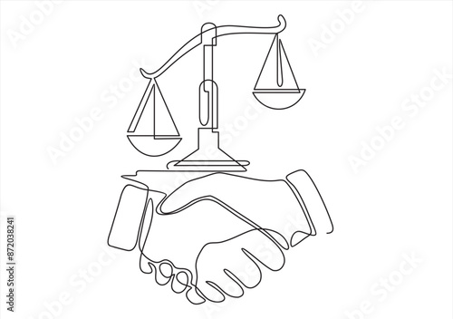Continuous one single line drawing Client shakes hands with lawyer Legal services scales Advocate consultation Jurisprudence icon vector illustration