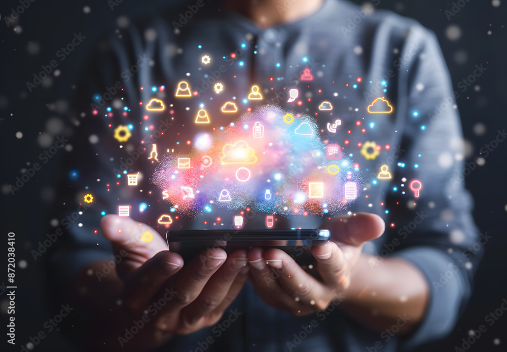 Cloud computing concept. Man connects smartphone to cloud. information technology with virtual cloud computing icon design Cloud computing concept. Man connects smartphone to cloud. information technology with virtual cloud computing icon design