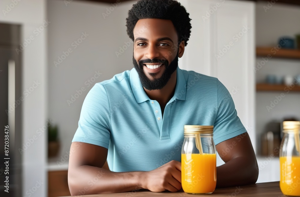 Happy handsome african man drinking orange juice Happy handsome african man drinking orange juice