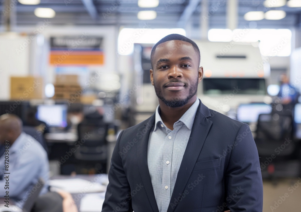 A logistics broker, dressed in Business jacket without tie, stands confidently facing the camera with a friendly and approachable expression