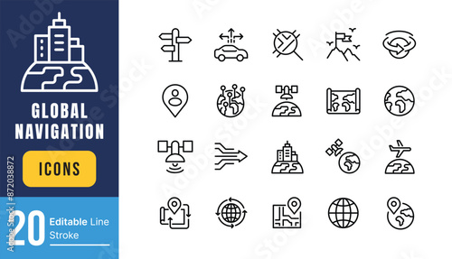 Set of Global Navigation Related Vector Line Icons. Contains such Icons as World Map, Branch Office, Business trip and more. Editable Stroke.