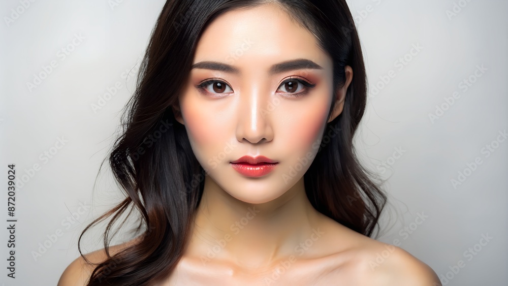 Young Asian woman with K-Beauty makeup and perfect skin for skincare advertisement Young Asian woman with K-Beauty makeup and perfect skin for skincare advertisement