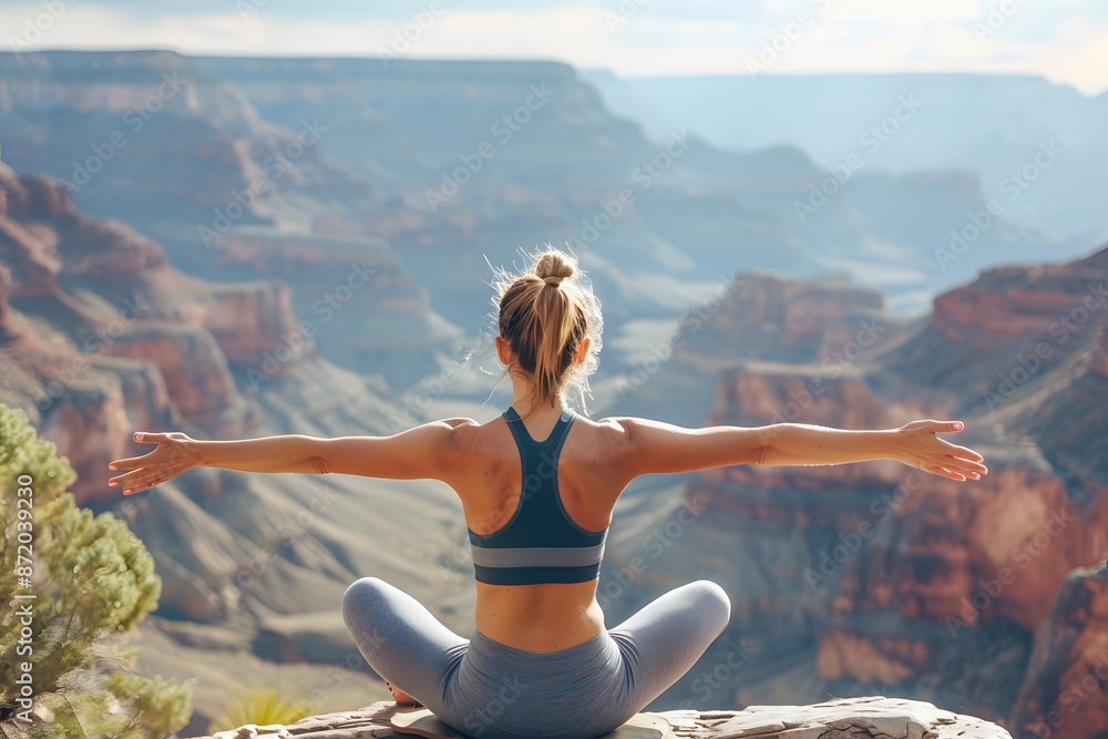 Woman meditates at the edge of a scenic canyon, embracing nature. Peaceful yoga session in a breathtaking outdoor setting. Woman meditates at the edge of a scenic canyon, embracing nature. Peaceful yoga session in a breathtaking outdoor setting.