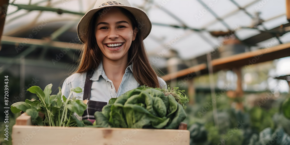young female farmer holding vegetables in the garden, vegetarian, vegetable